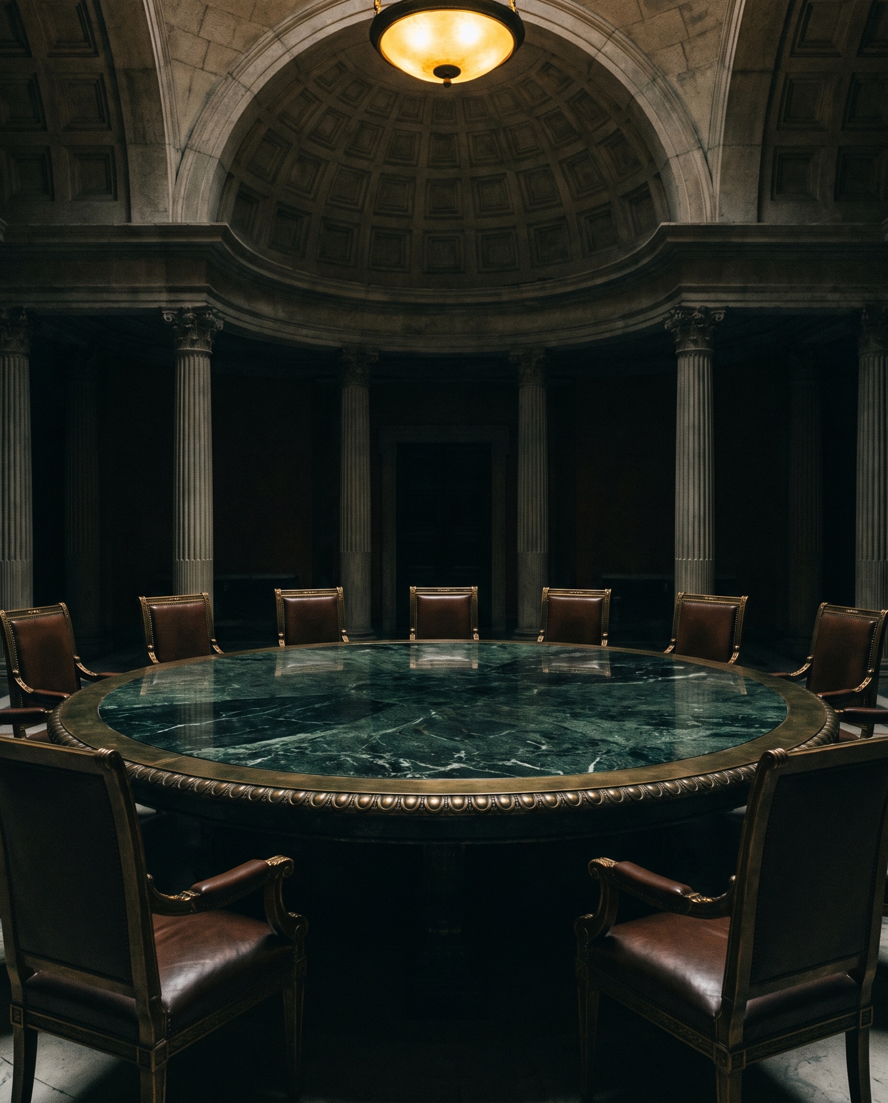 Mesa redonda de mármol bajo una bóveda clásica, con las sillas vacías